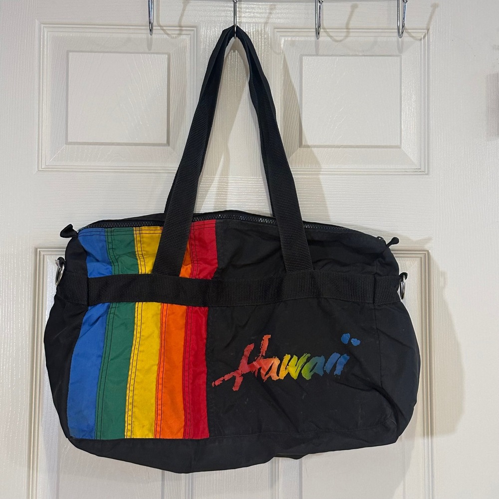 Vintage Hawaii Rainbow Duffel Bag Black Nylon Travel Weekender Gym Tote Retro